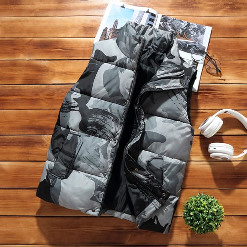 Camouflage gray Камуфляжный жилет для мужчин зимняя куртка без рукавов модный жилет для мужчин утолщенный теплый жилет с хлопковой подкладкой мужские тонкие жилеты плотной посадки 4XL - Цвет: Camouflage gray