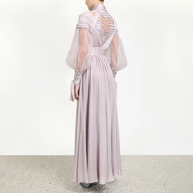 CHICEVER лоскутное точка сетки Ruched платья для женщин водолазка фонарь с длинным рукавом Высокая талия на шнуровке платье женская мода