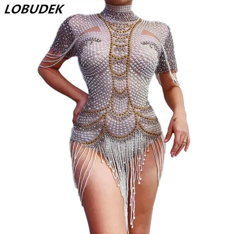 Женское боди с бахромой серое эластичное трико со стразами и жемчужными бусинами