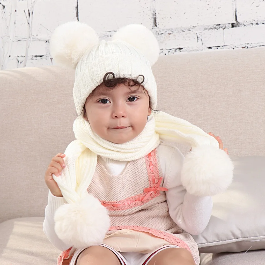 Детская зимняя шапка для мальчиков и девочек 1-4 лет, шарф, сохраняющий тепло, вязаная шапка, комплект, вязаная шапка с двойным ворсом, голова Кепка шапка, костюм - Цвет: E