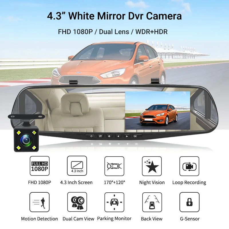 E-ACE, Автомобильный видеорегистратор, 4,3 дюймов, камера Full HD 1080 P, автоматическая камера, зеркало заднего вида с dvr и камерой, видеорегистратор, видеорегистратор для автомобиля