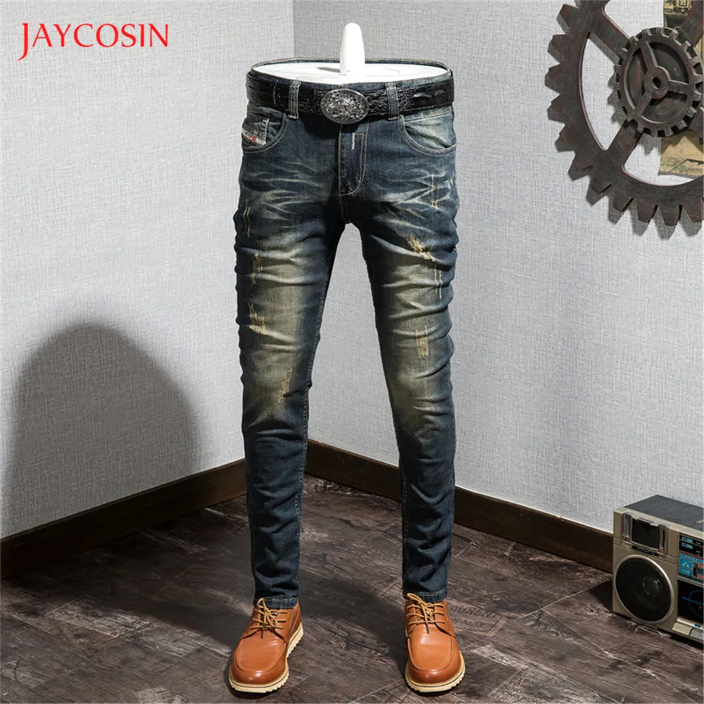 Jaycosin s рваные джинсы модные повседневные узкие джинсы стрейч уличная одежда винтажные узкие Брюки Homme плиссированные джинсы