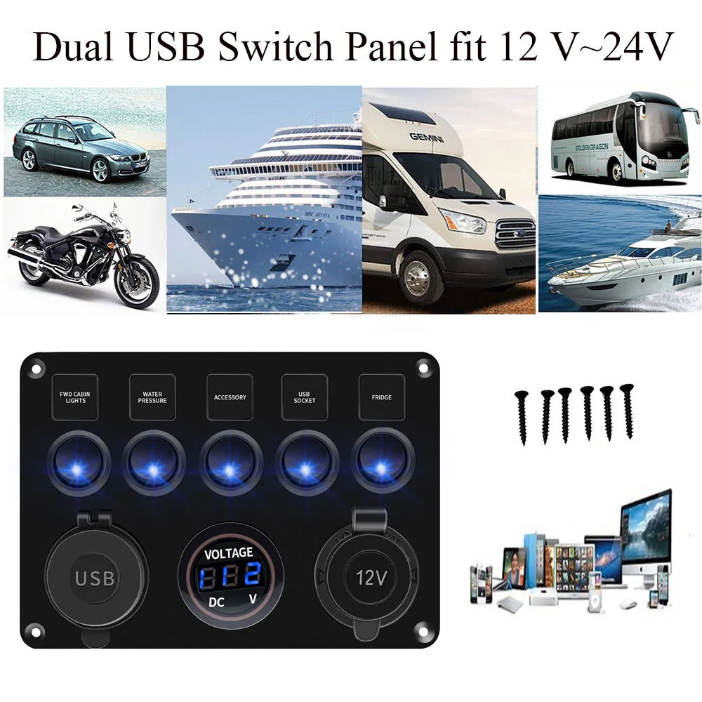 5 Gang Car Boat Marine Blue LED Rocker Switch Panel Circuit Breakers Waterproof Security Usb Toggle And Decal Switches