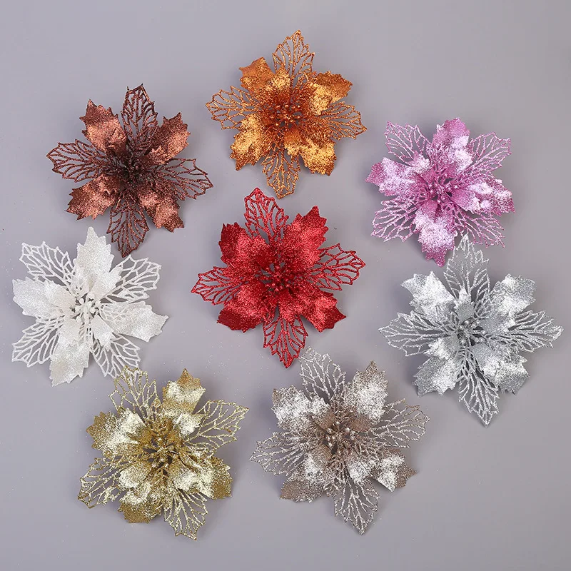 5 шт., искусственные цветы к Рождеству, блестящий искусственный цветок, украшение для рождественской елки для дома, подарок, Рождественское украшение