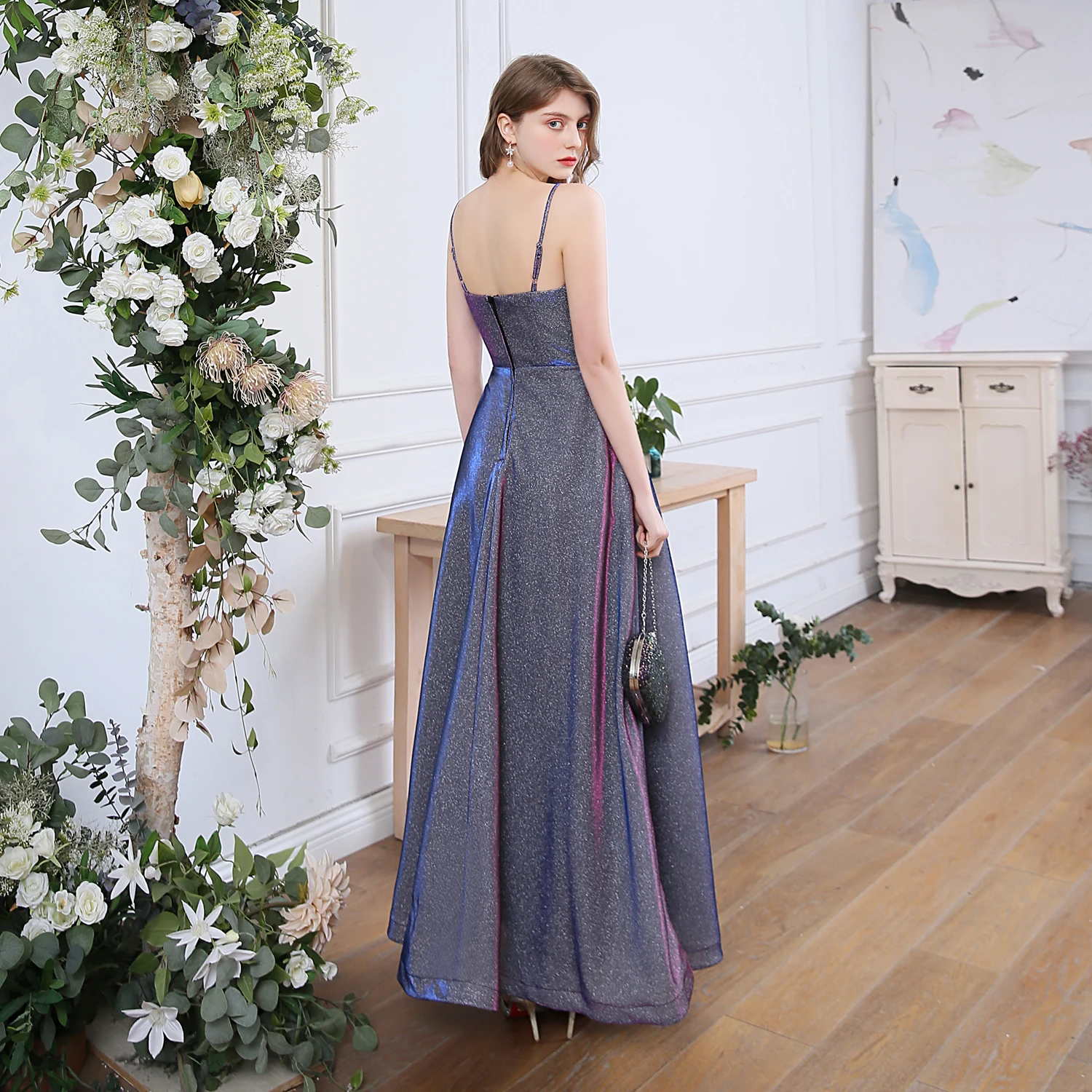 SSYFashion, новое простое вечернее платье для банкета, блестящее, милое, градиентное, голубое, фиолетовое, без рукавов, длинное, торжественное платье, Vestidos