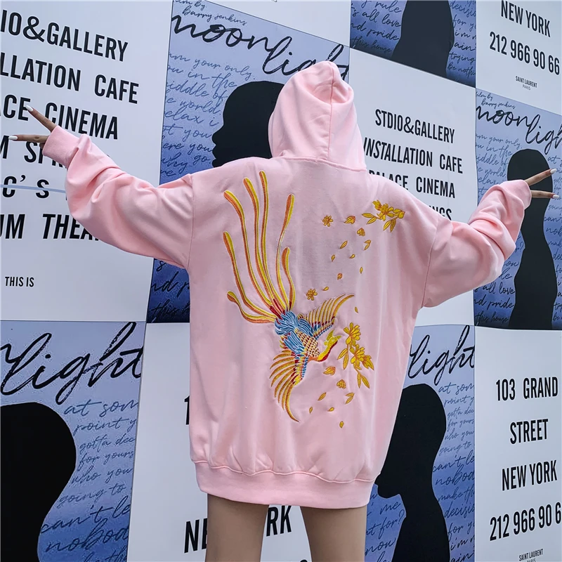 Embroidered Phoenix Hoody Men Streetwear Long Sleeve Loose Hoodies Autumn