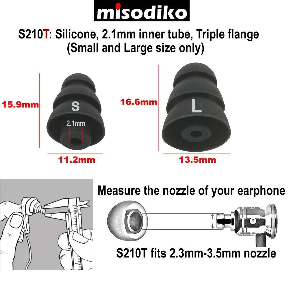 Misodiko S210T силиконовые наконечники для наушников, ушные Типсы для Shure SE215 SE315 SE535 SE425 SE846/Etymotic ER4 HF5/Klipsch R6i R6m S4i X6i