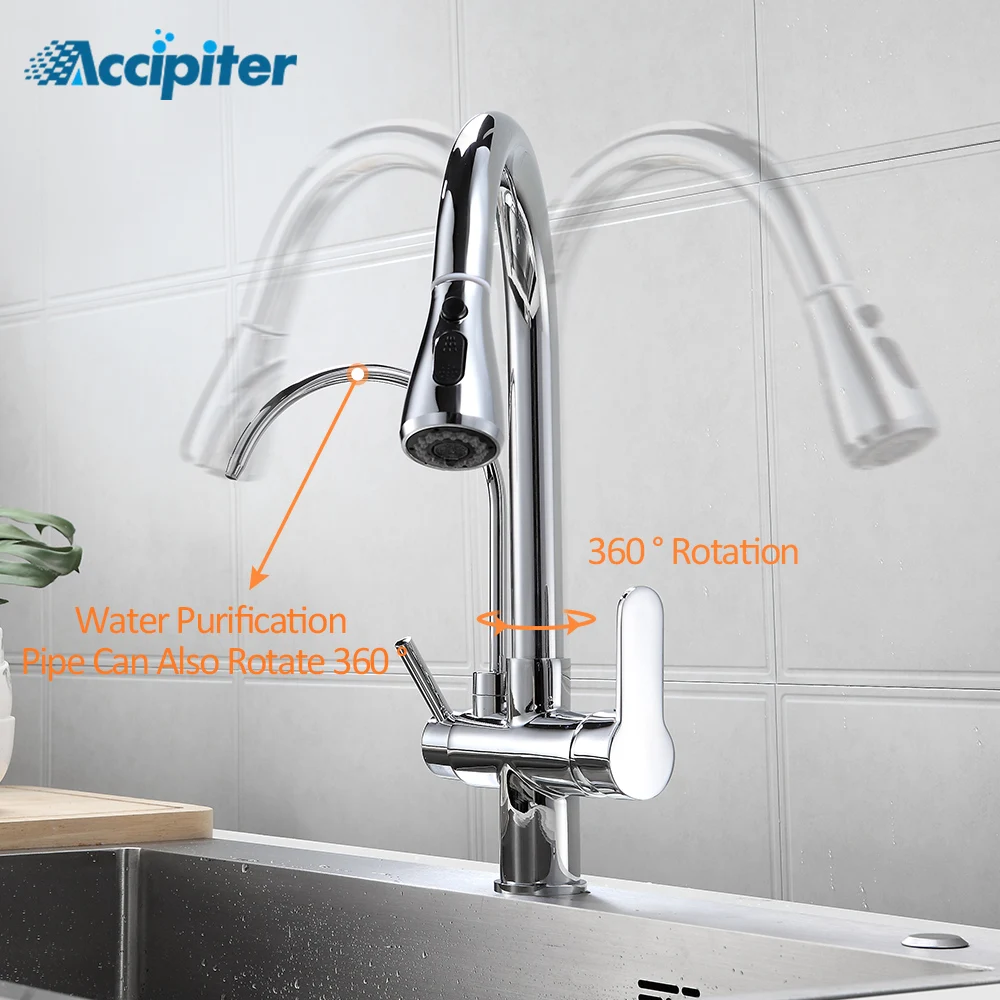 Chrome Filter For Kitchen Faucets Pull-Out 360 Degree Rotating 3 Ways Tap Hot Cold Water Mixer Brass Tap Filter Water Faucet