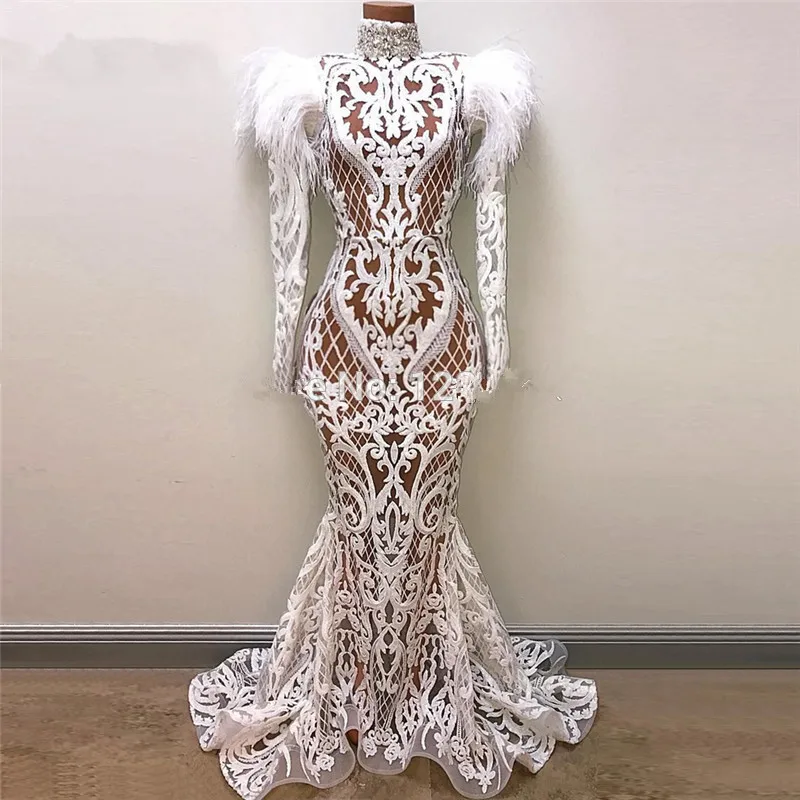 white prom dress Transparent Lace Mermaid Prom Dresses Long Sleeve High Neck Formal Evening Dress Plus Size Party Gowns Robe de soiree pretty prom dresses Prom Dresses