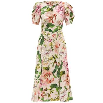 

2020 luxury Runway Designer Dress Summer Women Short sleeve Rose Floral Print Package buttocks Party Dress