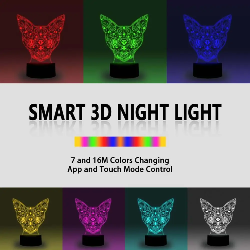 NiteApps 3D художественный Кот ночник настольная Иллюзия украшение лампа подарок на день рождения приложение/сенсорное управление