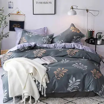 

30 Bedding Set King Size Gray Leaf Printed Single Bed Linen Quilt Cover Bed Sheet Queen Size Bed Covers Sets
