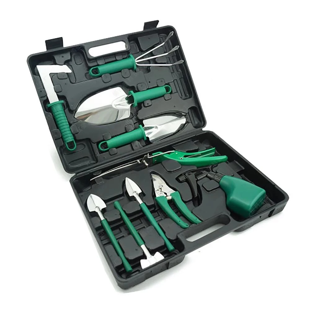 10 Pcs Garden Tools Set Stainless Steel Manual Control Tools with Carrying Case Shovel Rake Scissors Watering Hand