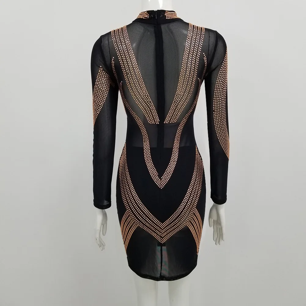 Rhinestone Sexy Mesh Прозрачное платье Нагрудные ремни Женское платье для вечеринки по случаю дня рождения Высокоэластичное платье с длинными рукавами Певица Dancer