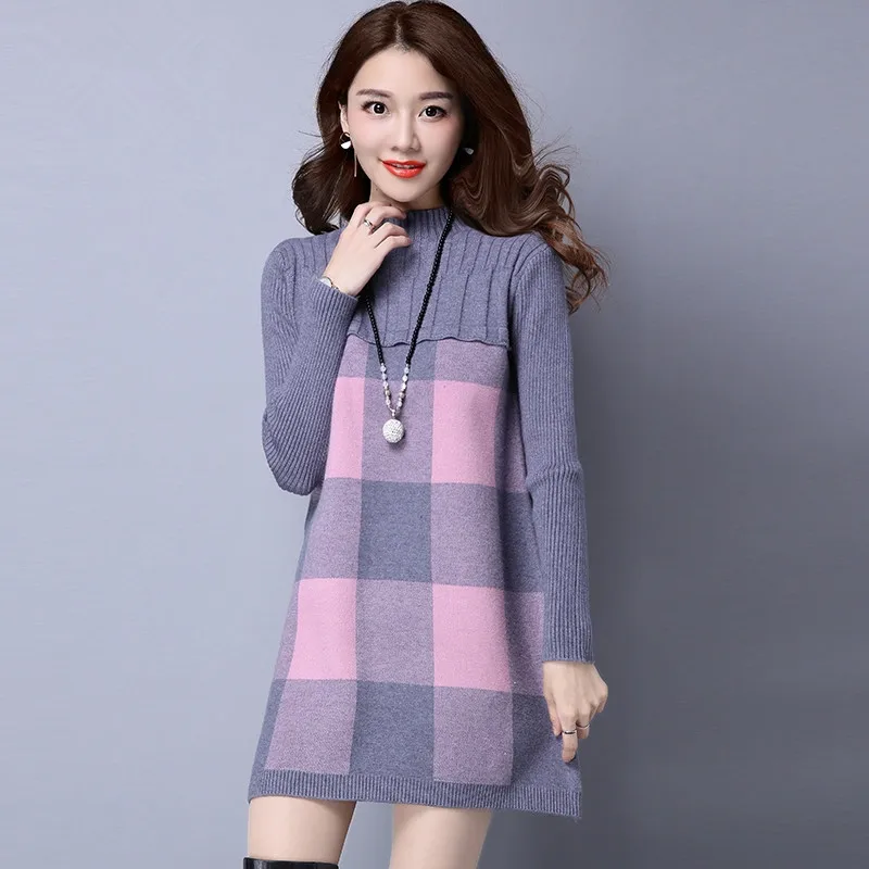 2019 зимний женский свитер водолазка свободные длинные женские свитера платье Pull