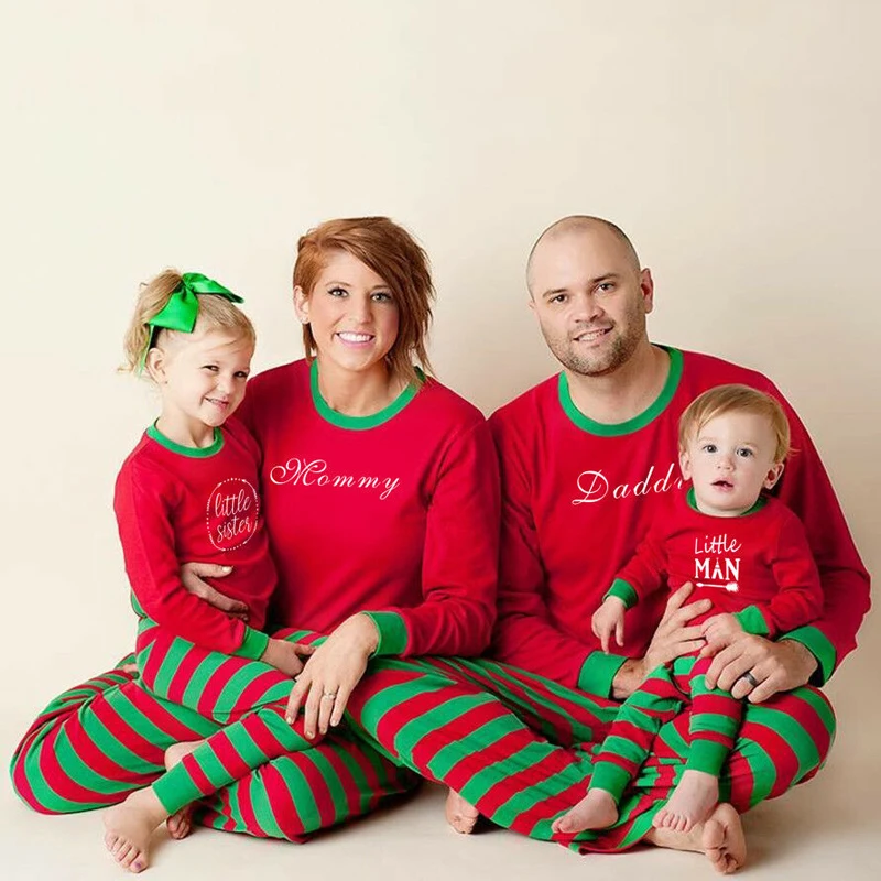 

Family Matching Outfit Clothes 2019 Christmas Pajamas Set Mom and Daughter Full Sleeve Red Green Stripes Sleepwear