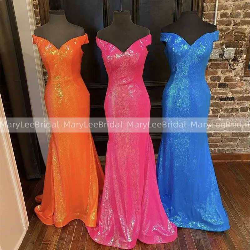 

Colorful Shiny Sparkly Sequin Bridesmaid Dresses Off Shoulder Mermaid Wedding Party Gowns Crisscross Hollow Back Formal Dress