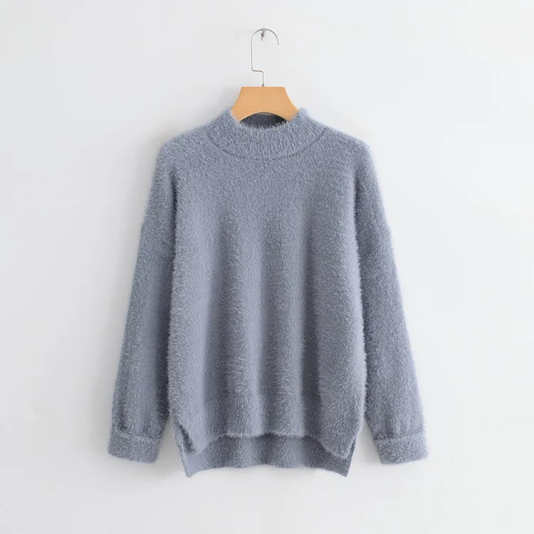 

S25071 High Collar And a Half Thick Drop-shoulder Sleeve Faux Mink Cashmere Tops Loose-Fit Laziness-Style Solid Color Sweater Wo