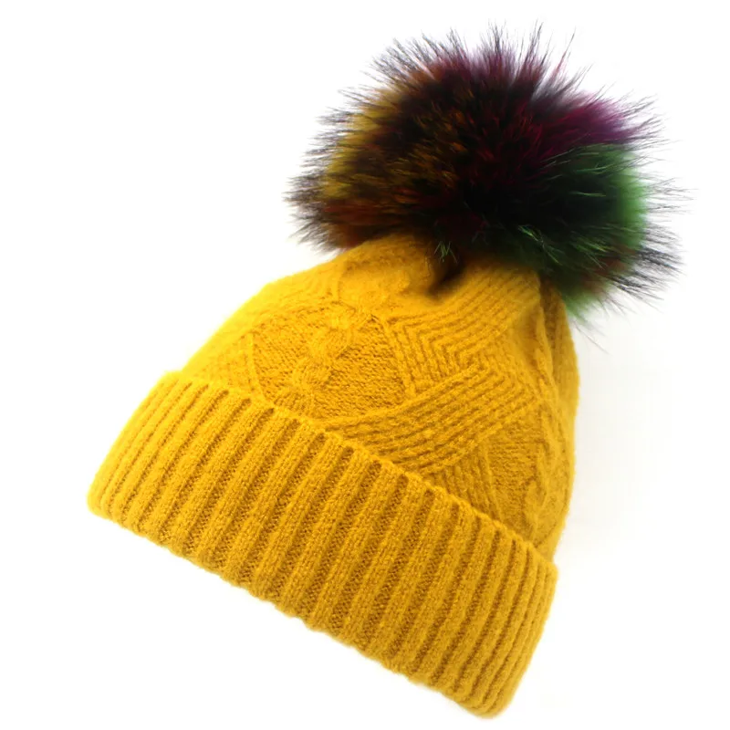 yellow Женские шапки из натурального меха, зимняя шапка с помпоном skullies beanies, шапка, вязаная шляпа Gorro - Цвет: yellow