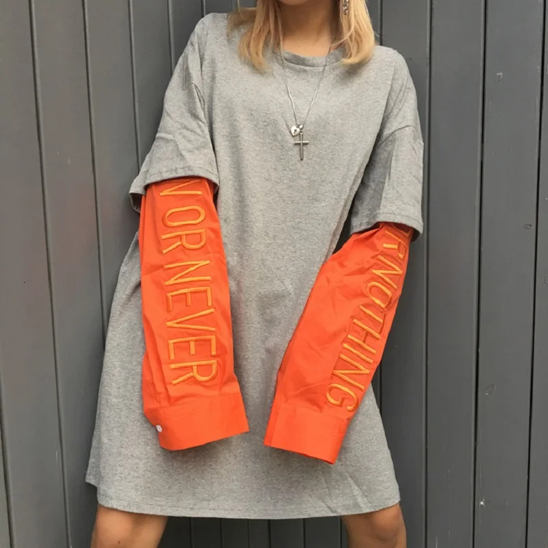 Корейский Harajuku Vinagte BF поддельный из двух частей вышивка с длинными рукавами толстовка модная свободная уличная хип-хоп Женская толстовка