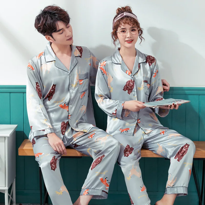 Spring Autumn Print Pattern Women Pajama Set Satin Silk Turn-down Collar Pajamas Sleepwear Long Sleeve Trousers Two Paper Suit | Мужская