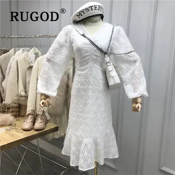 

RUGOD Retro Korean Casual Chiffon Fuzzy Maxi Dress Full Sleeves Top For Women V-neck Elegant Ladies Dresses Woman Party Night