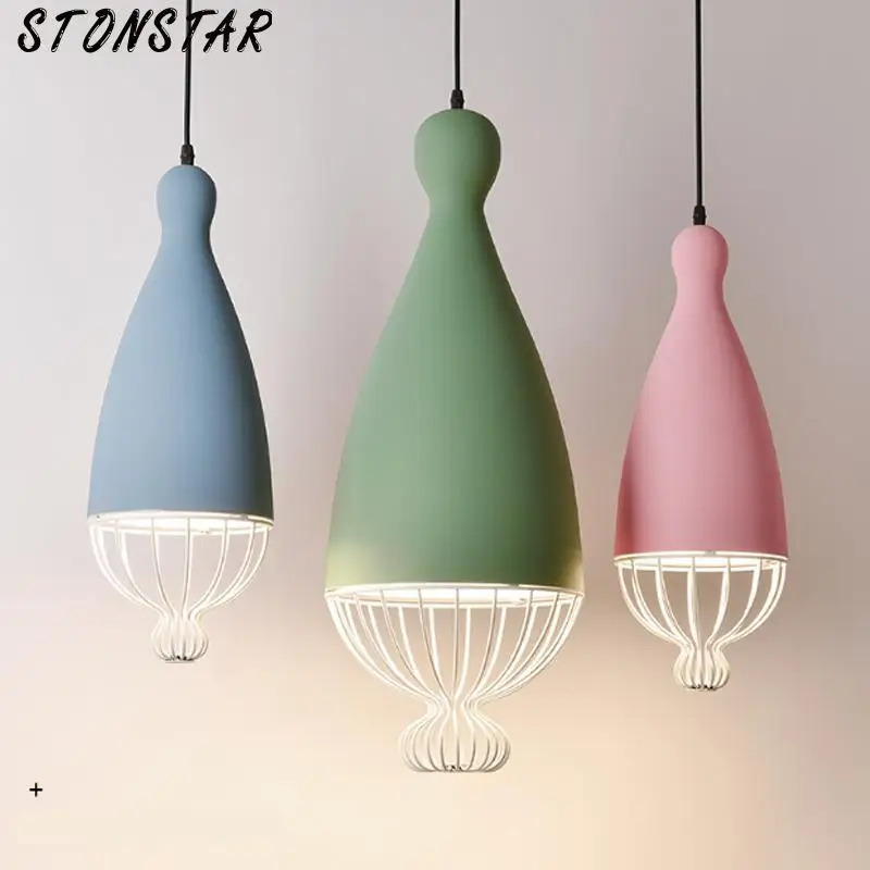 

Nordic creative wrought iron bird cage macaron color single head chandelier American industrial wind E27 lighting 1642700