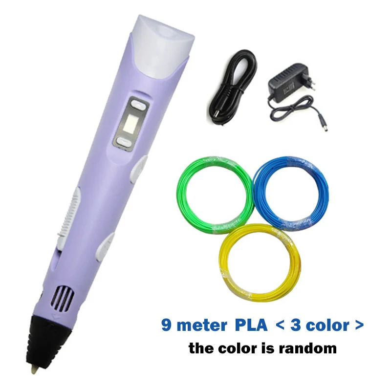 Purple 9m PLA 3D Ручка DIY 3D печать Ручка с 150 м PLA ABS Нити творческая игрушка подарок для детей дизайн рисунок - Цвет: Purple 9m PLA