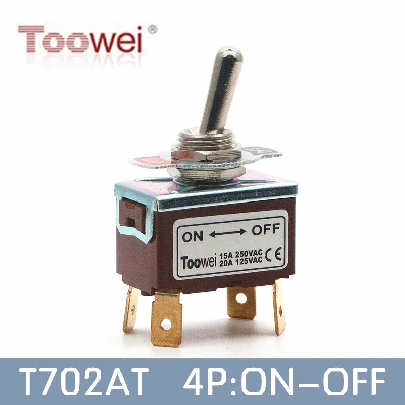 

Toowei T702AT 4 pins toggle switch ON-OFF 15A 250V/ 20A 125V Assembly hole 12mm/ 6.3mm qucik contact