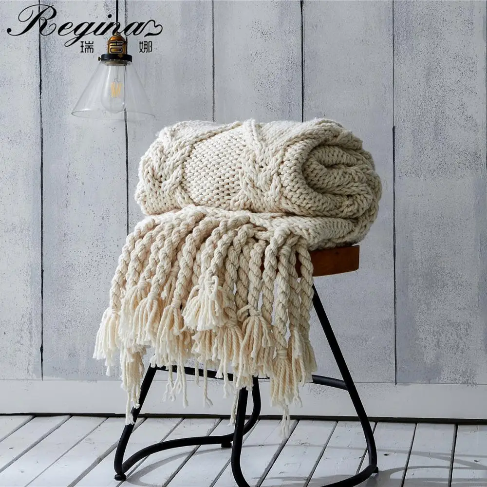 REGINA Chunky Knit Blanket Beige Soft Tassel Plaid Weight Blanket For