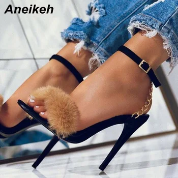 

Aneikeh Big Shoe Size 41 42 Fashion Women Sandals Peep Toe Chain Buckle Thin High Heels Sandals Dress party Lady Shoes Black