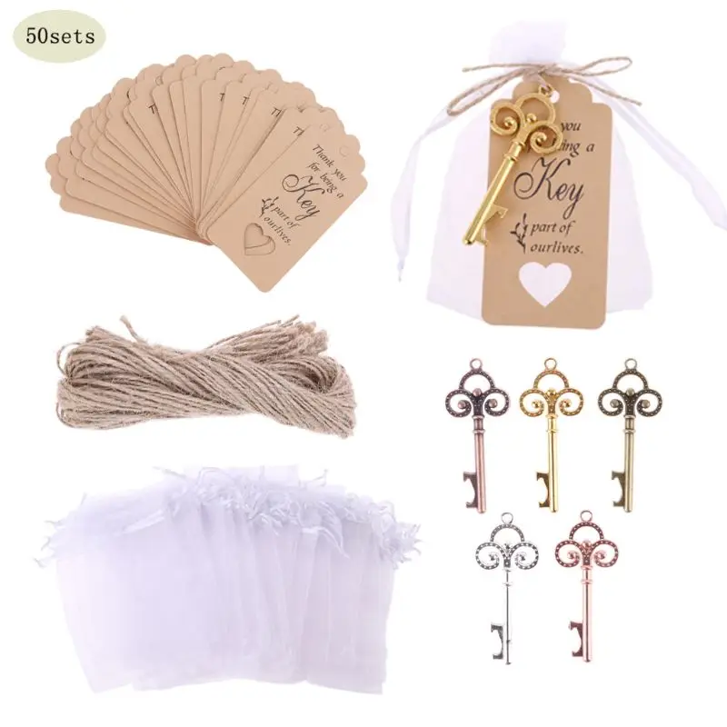 N 50x Vintage Key Bottle Opener with Tag Card Bag Wedding Party Favors Souvenirs - Цвет: N