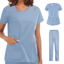 

S-2XL 17Colors V-Neck Short Sleeve Pocket Care Workers Uniform Soft Clinic Nurse Summer Blouse Tops Pants Set