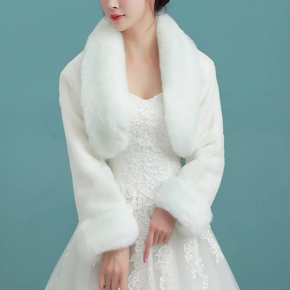 Women Ivory Winter Warm Faux Fur Wedding Bridal Shrug Elegant Long Sleeve Accessory Cape Lapel Collar Shawl Bolero Coat wedding shawl
