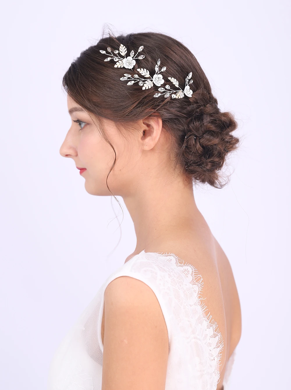 Винтажный серебряный цветок и листья заколка для волос Стразы банкета три