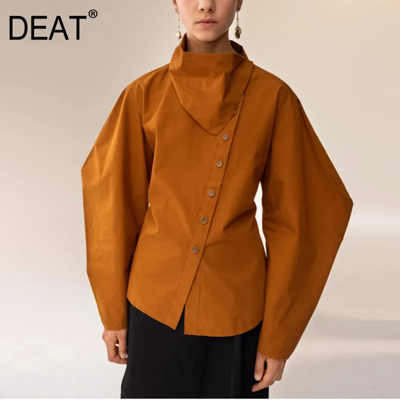 

DEAT Solid Color Triangle Collar Slung Long Sleeve Irregular Sleeve Head Woman Shirt Casual Personality 2019 Autumn New TV057