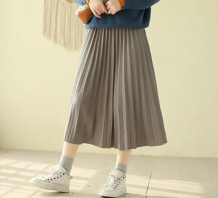 New Style Solid Women Pleated Skirts Female All-match Elastic Wasit Retro Spring Casual Skirts Women falda mujer Black Grey