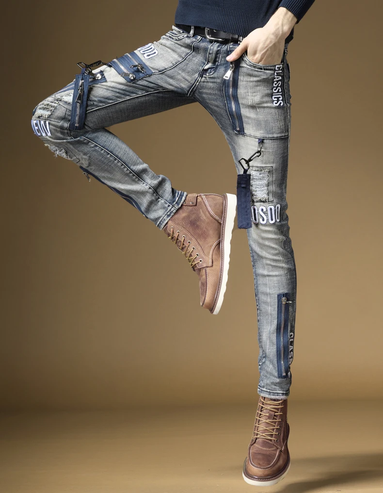 Новинка, мужские Модные джинсы, обтягивающие, для улицы, с дырками, для мужчин, в стиле рок, металл, хип-хоп, с вышивкой, джинсовые брюки - Цвет: A