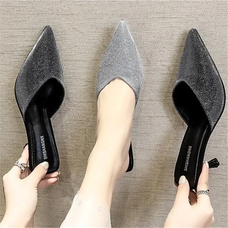 

2022 New Summer Women Mules Slippers High Heels Pointed Toe Bling Fashion Sexy Ladies Women Shoes Gold Outside Slides Slippers