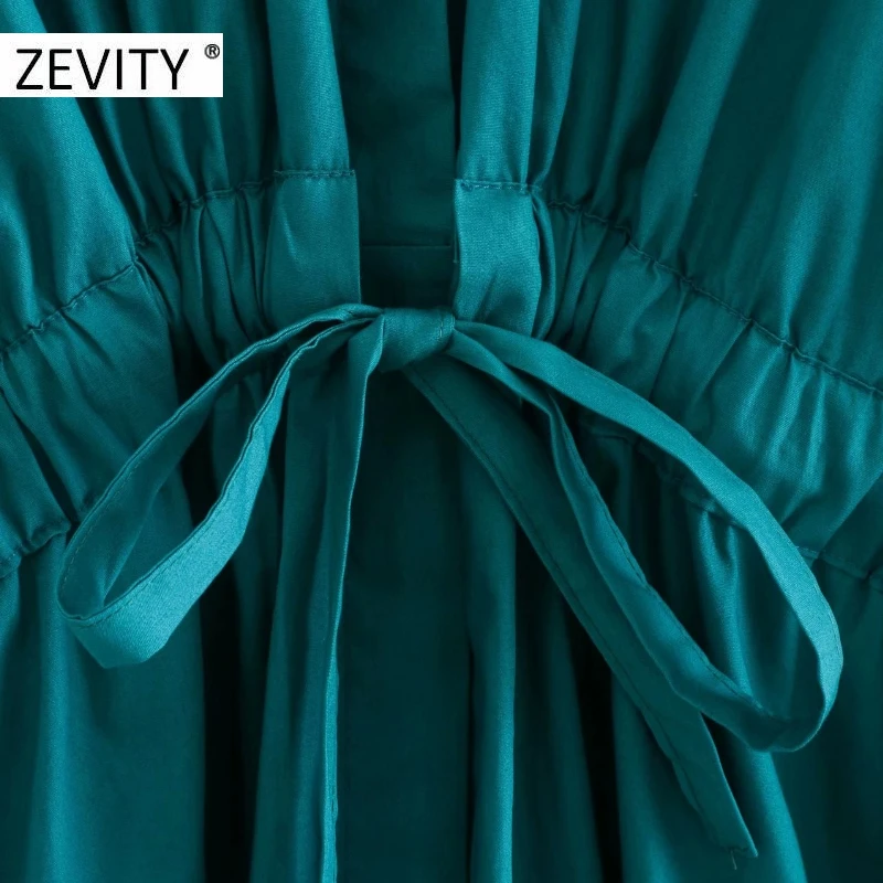 ZEVITY women vintage solid color lantern sleeve casual loose shirt dress female pleat drawstring bow vestido chic dresses DS4441