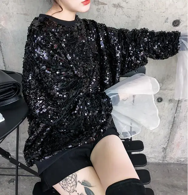 WHITNEY WANG Autumn Fashion Streetwear Colors Contrast Flare Sleeve Sequins Sweatshirt Women Hoodies Pullover
