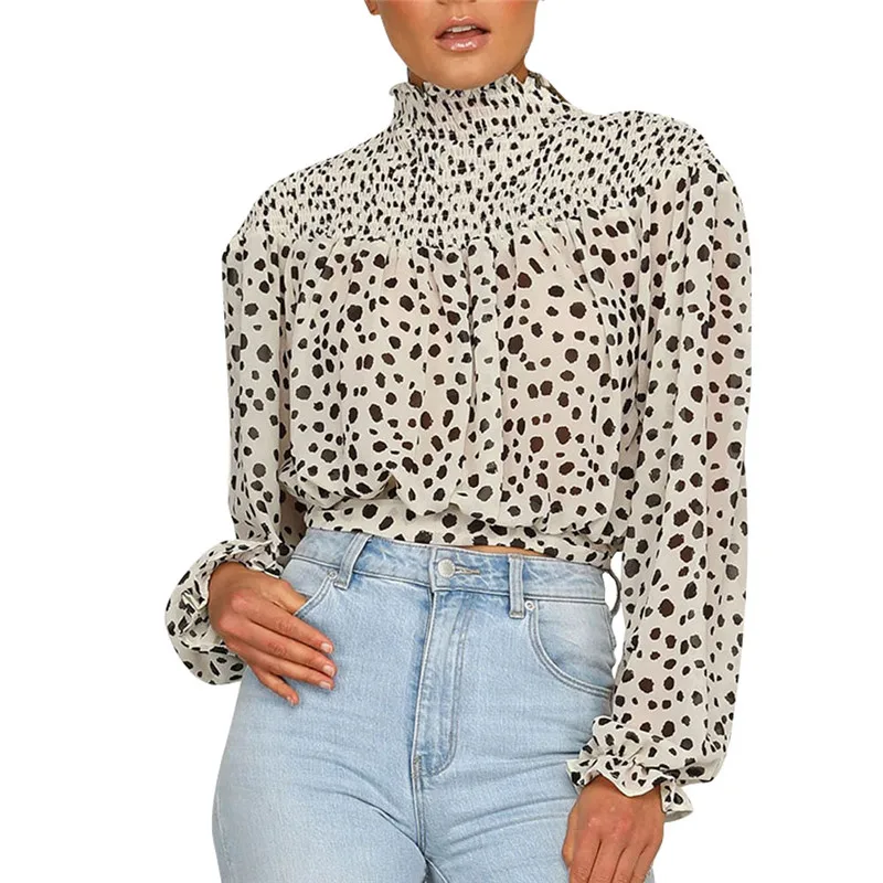 Leopard Print Turtleneck Blouse Women Tops 2019 Long Sleeve Chiffon Shirt Streetwear Ladies Lace Up Cropped Top Chemisier Femme |