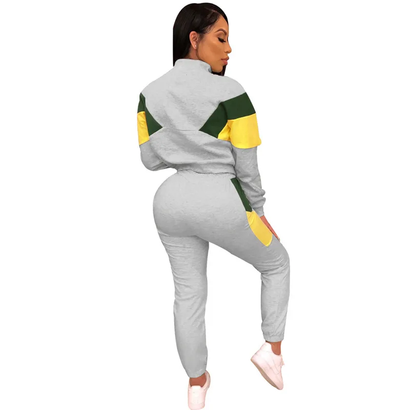 Kopen 2019 Winter Vrouwen Sport 2 Stuk Trainingspak Kleur Patchwork Volledige Mouw Turn down Kraag Sweater Broek Casual Sweatsuit Outfits