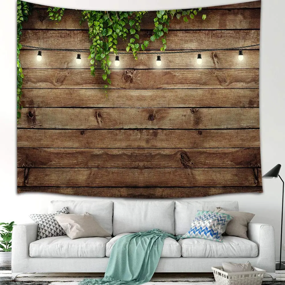 

Vintage Wooden Board Tapestry Wall Hanging Art Green Leaves on Wood Wall Blanket Home Decor