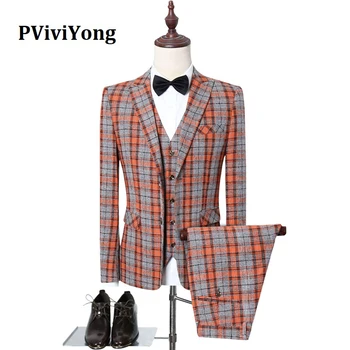 

PViviYong brand 2020 Korea high quality suit men wedding grid fashion Business Suit Three-piece (Jackets + Vest + Pants) SJT103