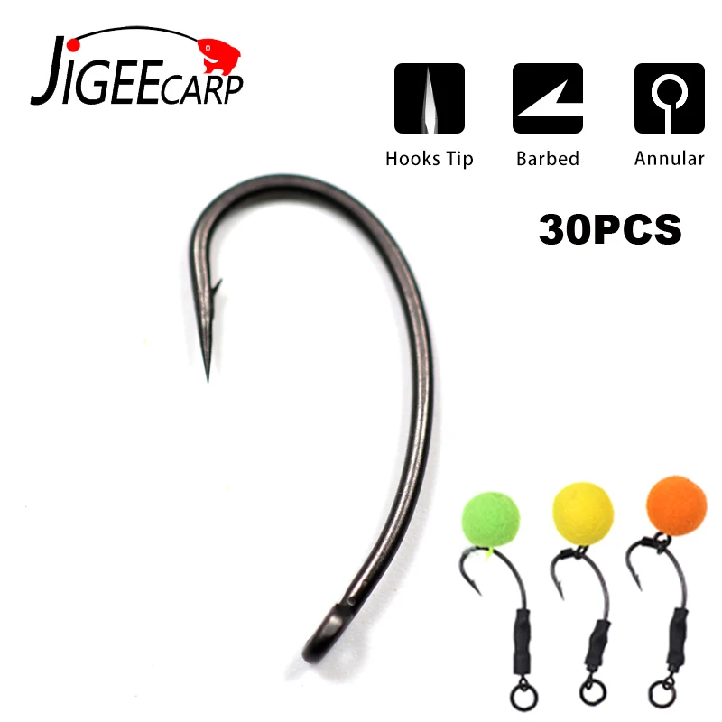 JIGEECARP 30pcs Carp Fishing Hooks Teflon Coated FishHooks Carbon Steel Rigging Carp Hooks Micro Barbed Curve Shank Gripper Hook