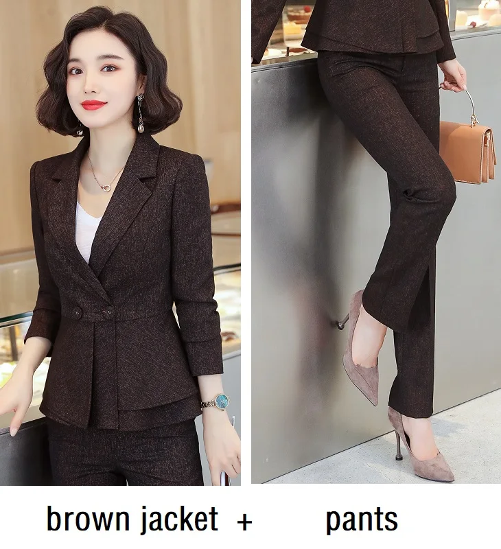 brown jacket pants Женские костюмы, тонкая осенне-зимняя однотонная куртка, брюки, комплект из 2 предметов, Деловые женские брючные костюмы, женские костюмы, 8252 - Цвет: brown jacket pants