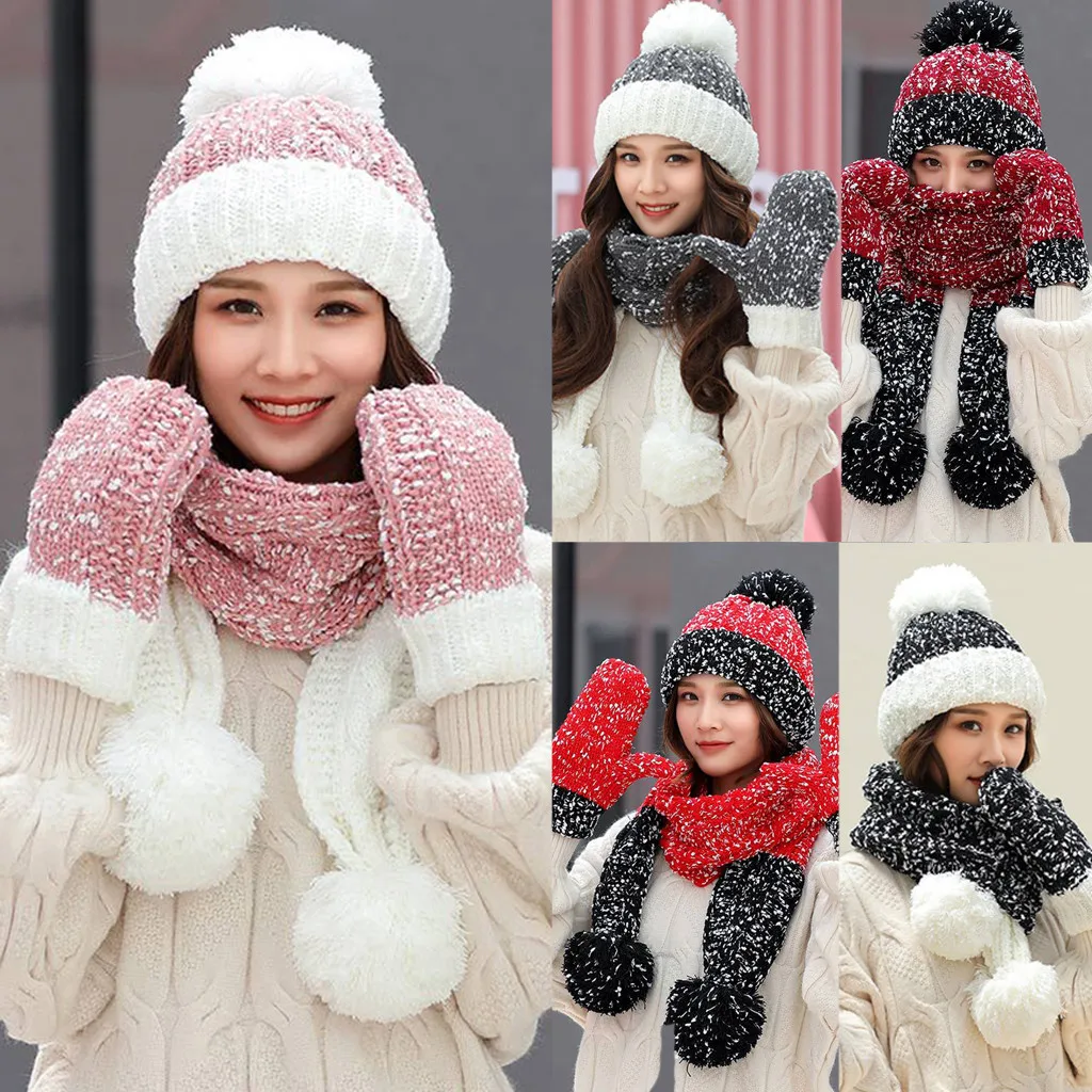 3 шт Женская зимняя теплая разноцветная вязаная шапка Venonat + шарф + перчатки