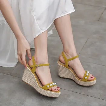 

Kid Suede Wedge Sandals Pearls Summer Shoes Woman Ladies Wedges Shoes for Women Platform Sandals Hemp Sole Party Shoes Sandalias
