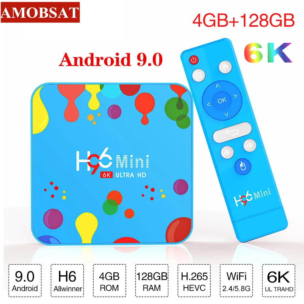 AmobSat 4 Гб 128 ГБ H96 Мини Android 9,0 tv Box Allwinner H6 четырехъядерный 6K H.265 Wifi HD проигрыватель google Youtube телеприставка 4GB32GB